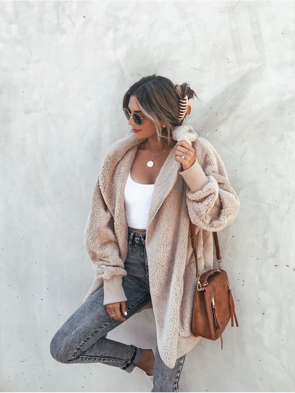 Women hooded Sherpa faux fur fleece Cozy Plush Teddy Jacket - Beige
